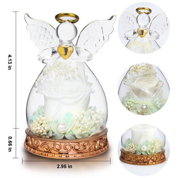 Real Preserved Rose Guardian Angel Glass Dome Copper Plated Base with LED Light - Picture 4 of 13